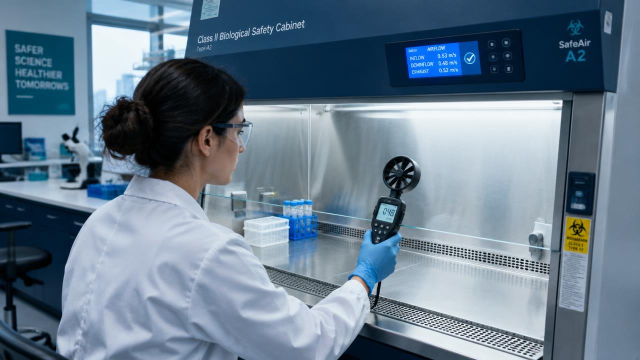 Lab technician measuring airflow at the front of a Class II biological safety cabinet