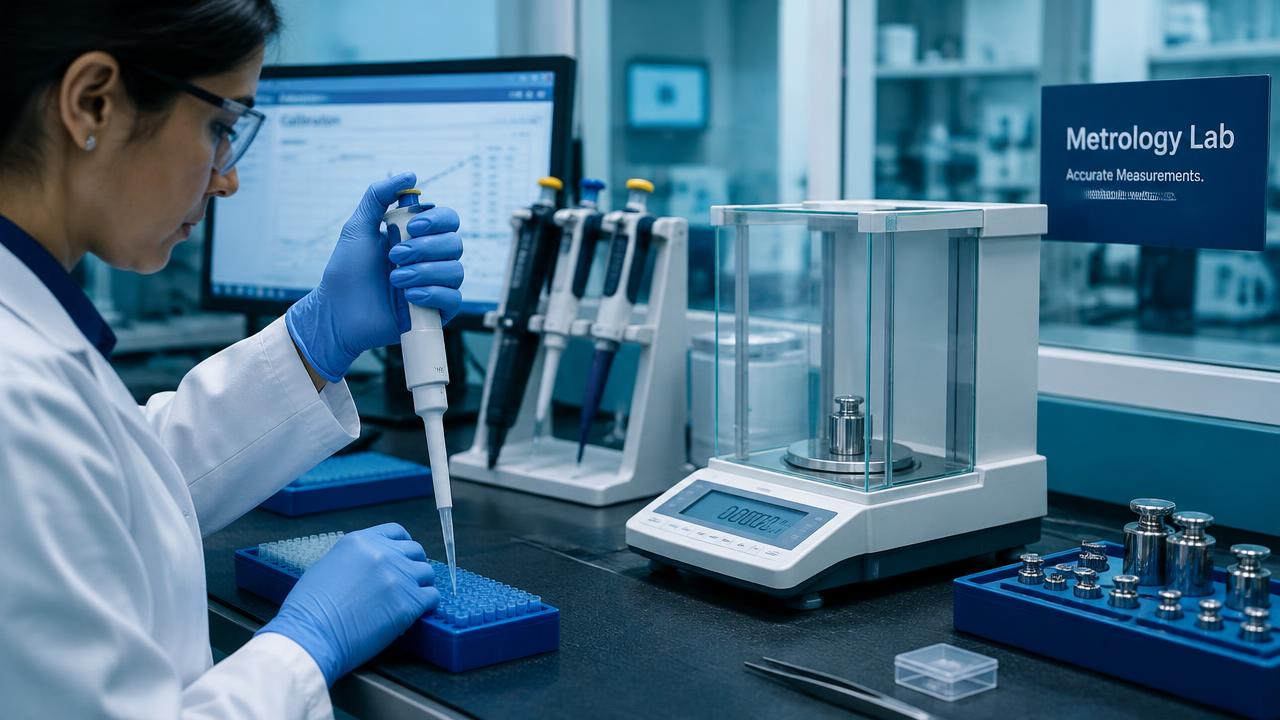 Metrology technician calibrating pipettes next to an analytical balance and reference weights