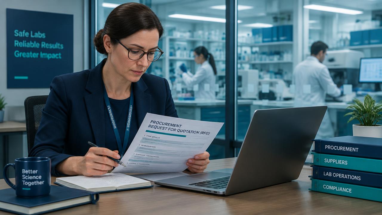 Lab manager reviewing a request for quotation document at a desk beside a laboratory